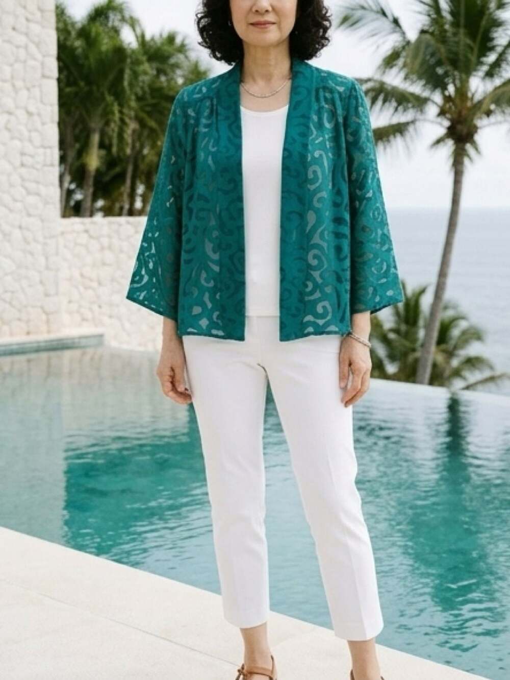 LOGO Turquoise Burnout Lace Jacket, Style 91-3427, Open Front, Size L